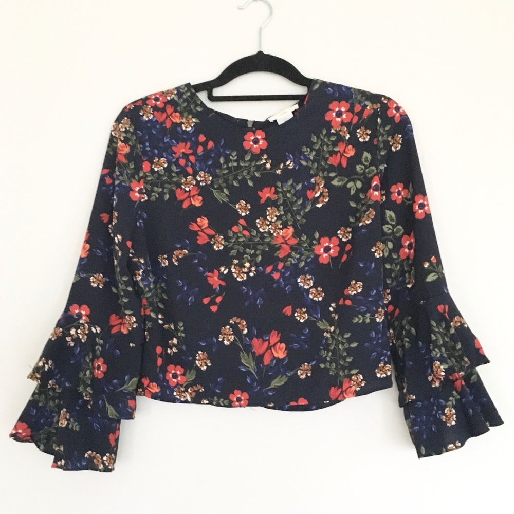 InTu Navy Floral Bell Sleeved Crop Top Blouse M